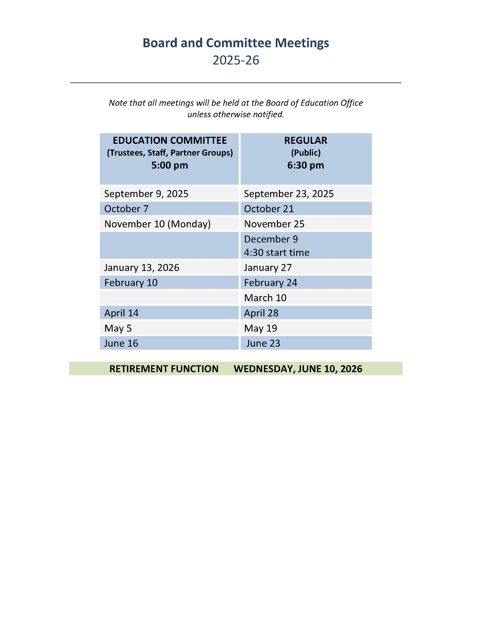 Board of Education Meeting Schedule 2025 2026 public 